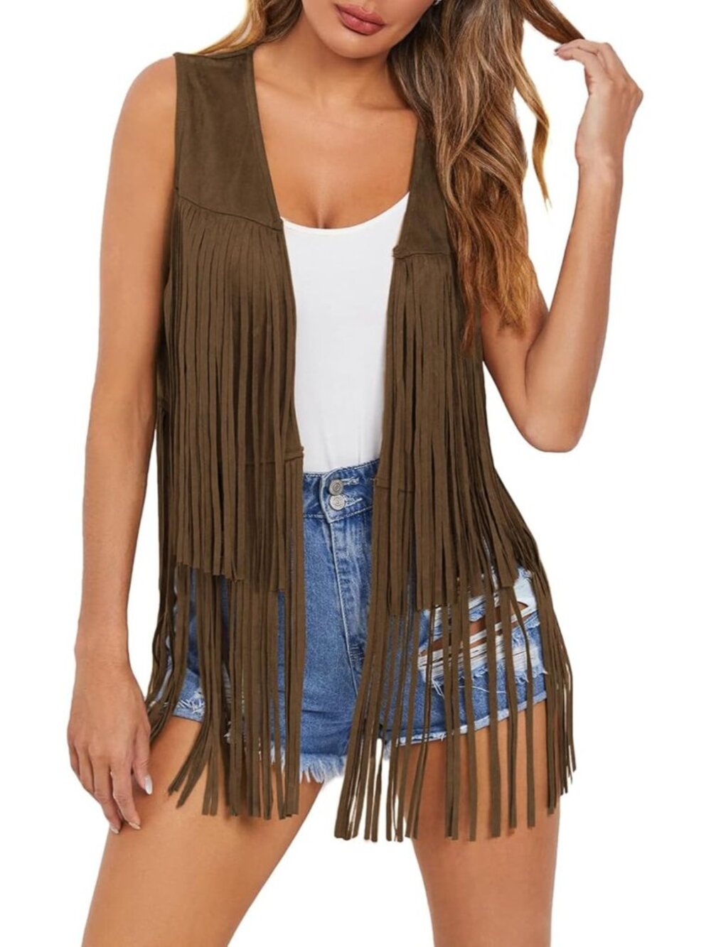 Women's Brown Fringe Vest 70s Hippie Costume Sleeveless Cowgirl Western Outfits